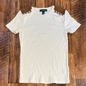 Lauren, Ralph Lauren, ribbed cream T-shirt, suede embellishment S NWOT